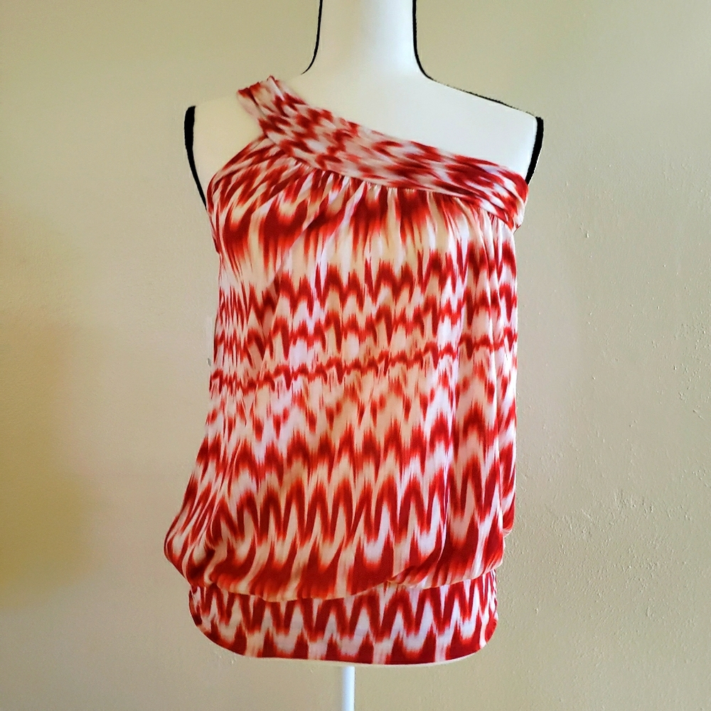 New York & Co One Shoulder Red/White Top XS